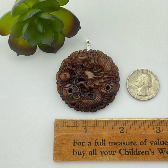 Jade Dragon Pendant, Handmade, Brown Jade, Lucky Stone, 18k Gold Plated Bail - Picture 5 of 11